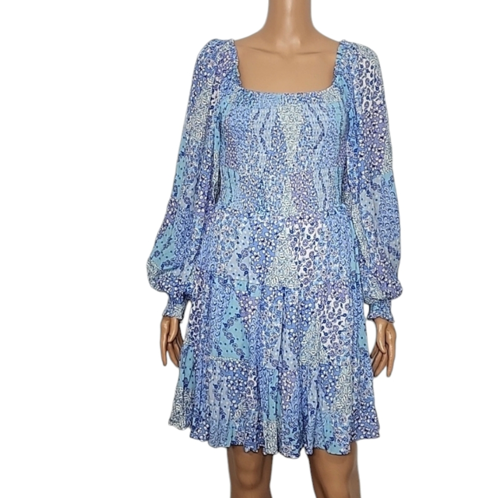 Fate Floral blue ruffled Dress Long Sleeve Size M Medium 100% Rayon NWT